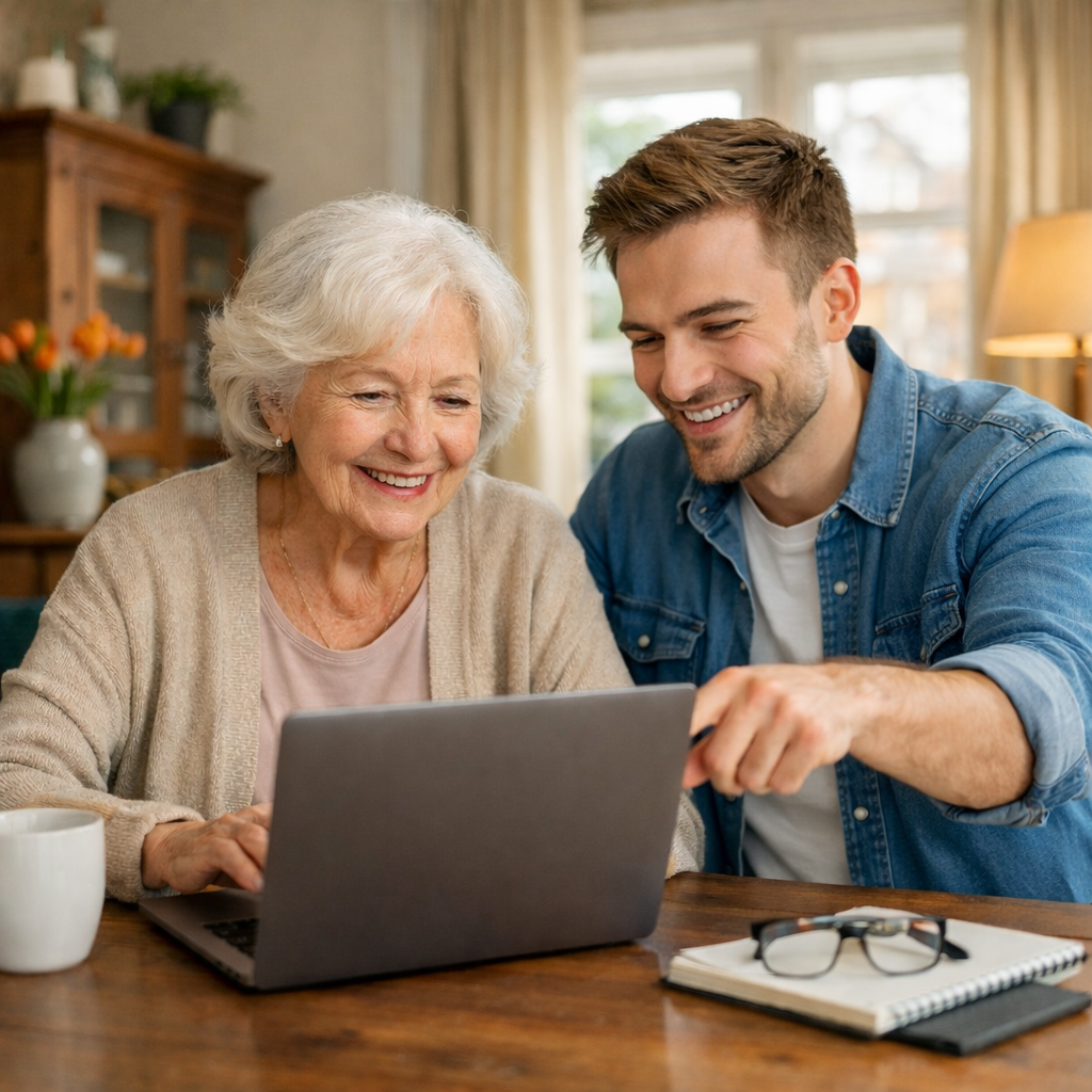 Semih helpt een klant thuis met de laptop